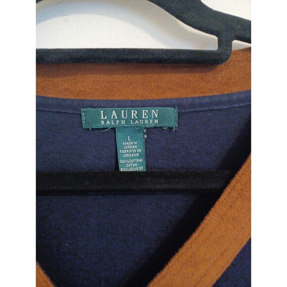Lauren Ralph Lauren Faux Suede Trim Tunic Large Navy Blue Long Sleeve Preppy - Picture 3 of 7